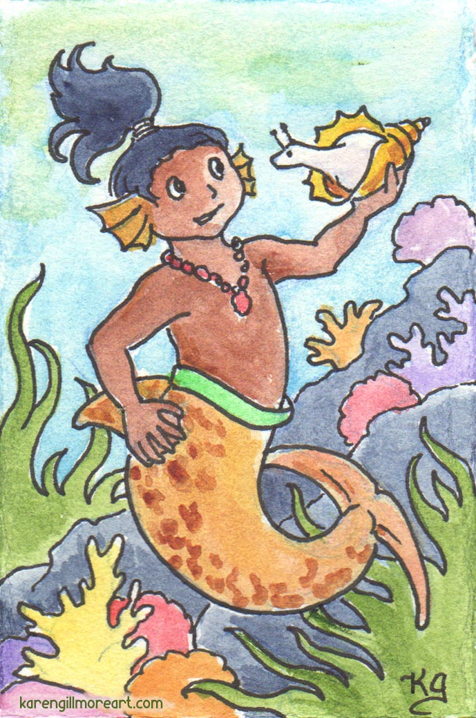 Watercolour of mer-child holding up sea-shell